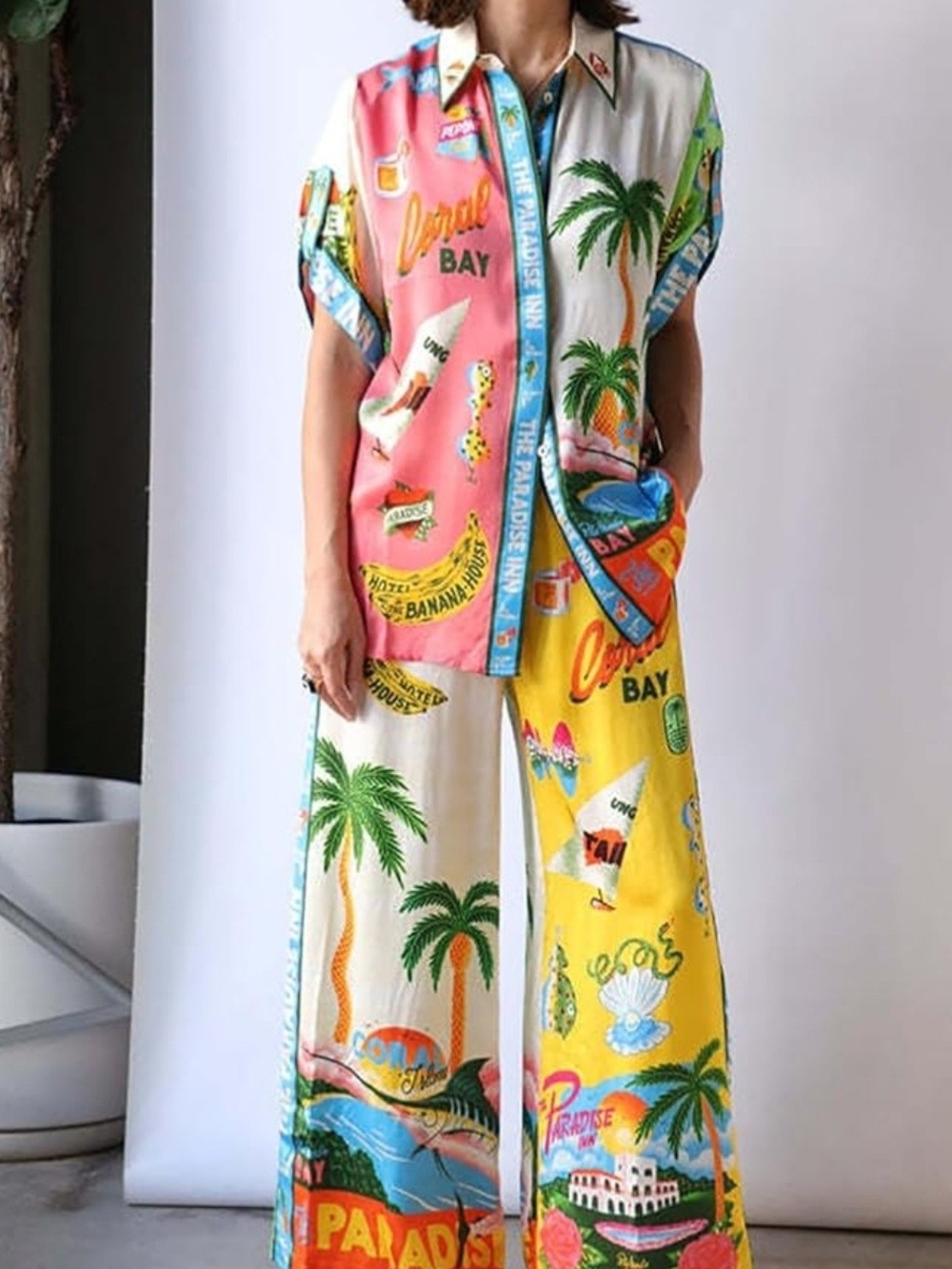 Tropical Print Wide-Leg Pants - Multicolor, Womens Size Medium